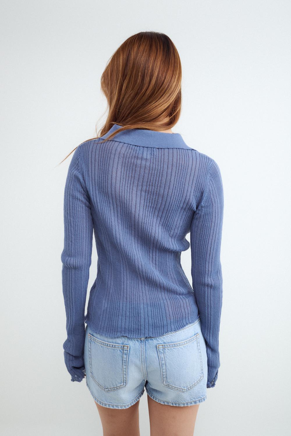 Sweater Regular Polo Open Work - Light Blue