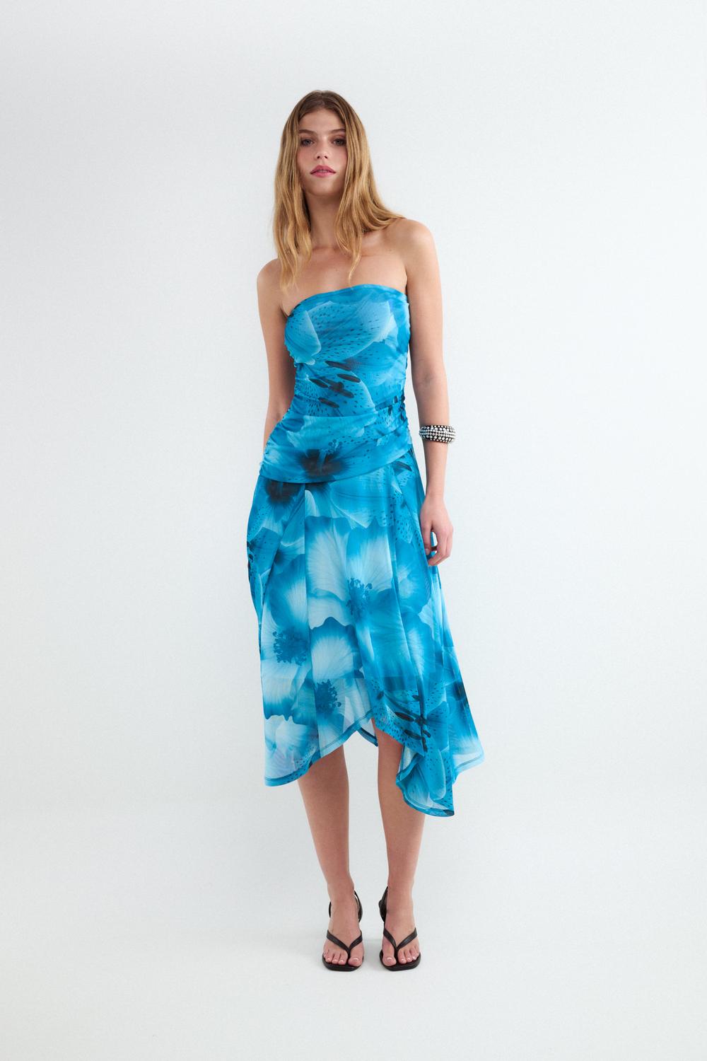 Vestido Strapless Printed - Light Blue