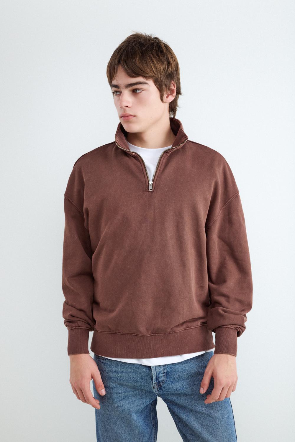 Buzo Regular Fit Half Zip Washed T - Chocolate Brown