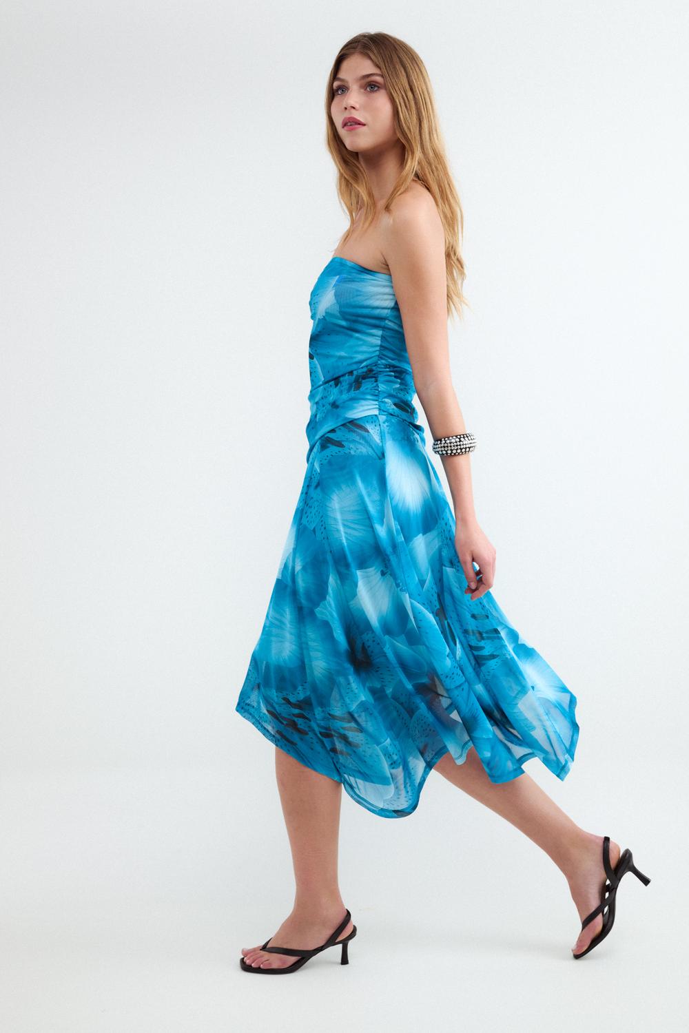 Vestido Strapless Printed - Light Blue
