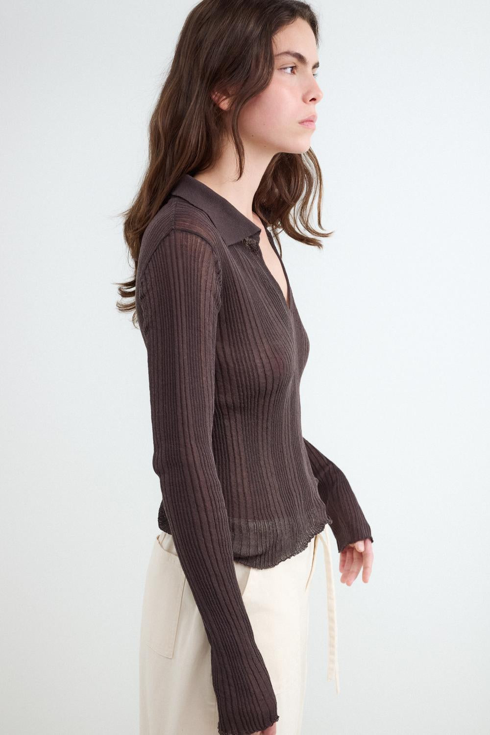 Sweater Regular Polo Open Work - Chocolate Brown