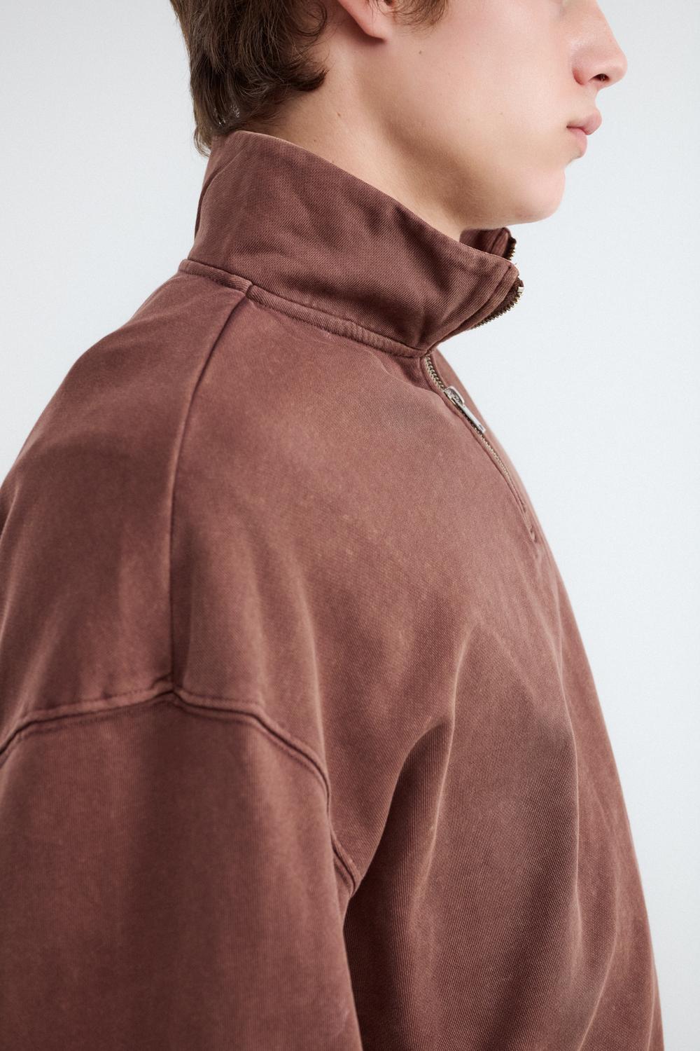 Buzo Regular Fit Half Zip Washed T - Chocolate Brown