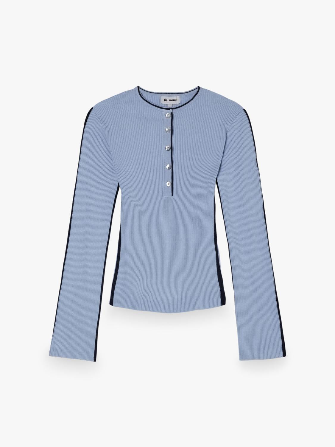 Sweater Slim Henley Neck Pipings - Baby Blue