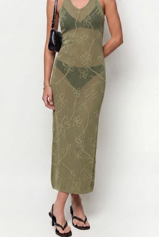 Vestido Loose Long Flowers Embro - Classic Green