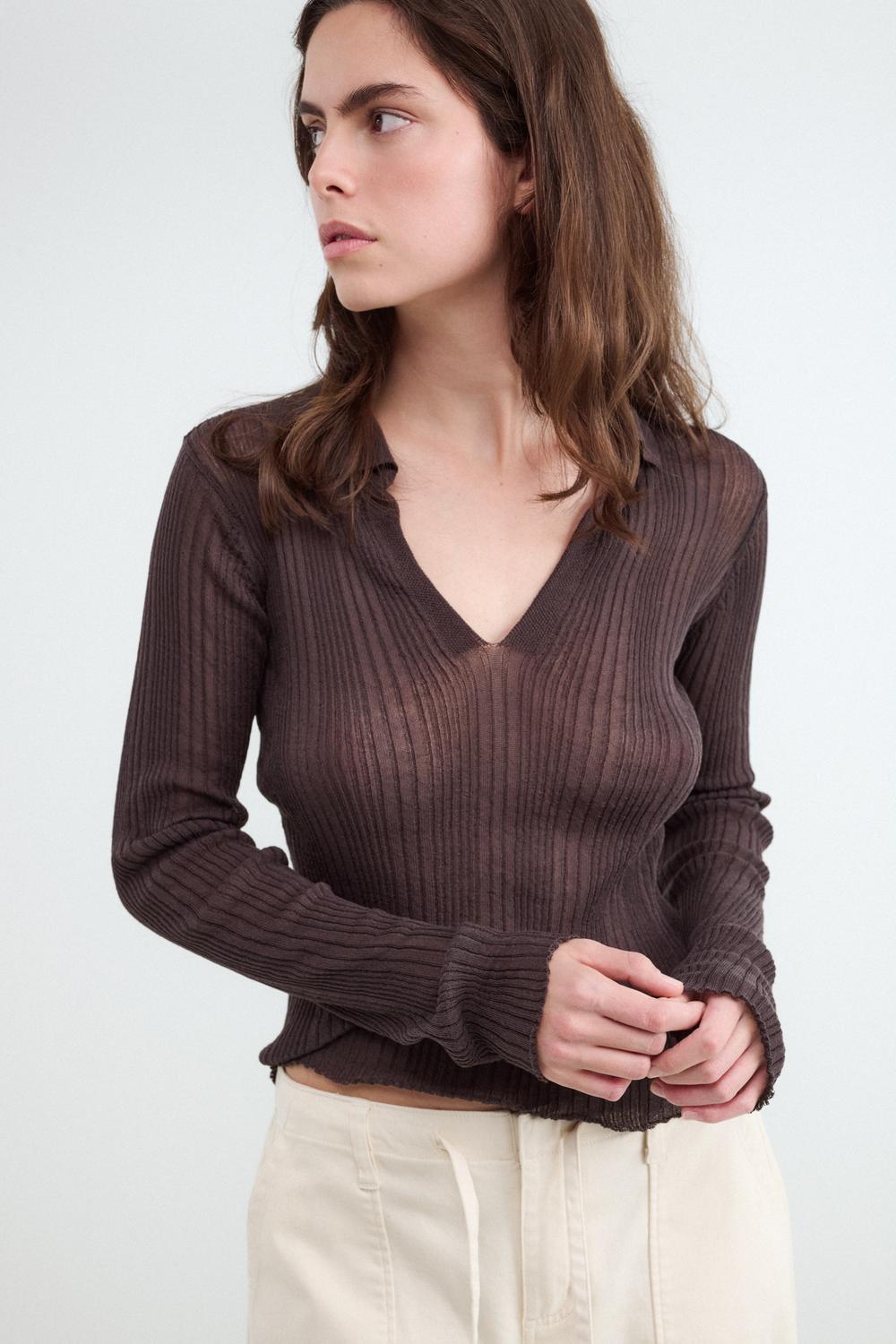 Sweater Regular Polo Open Work - Chocolate Brown