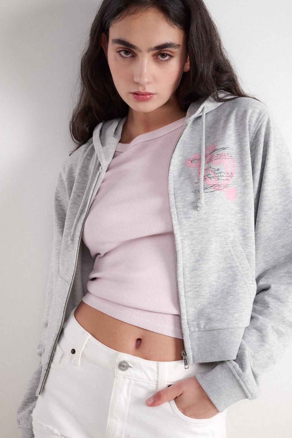 Buzo Crop Full Zipper Print - Light Grey Melange