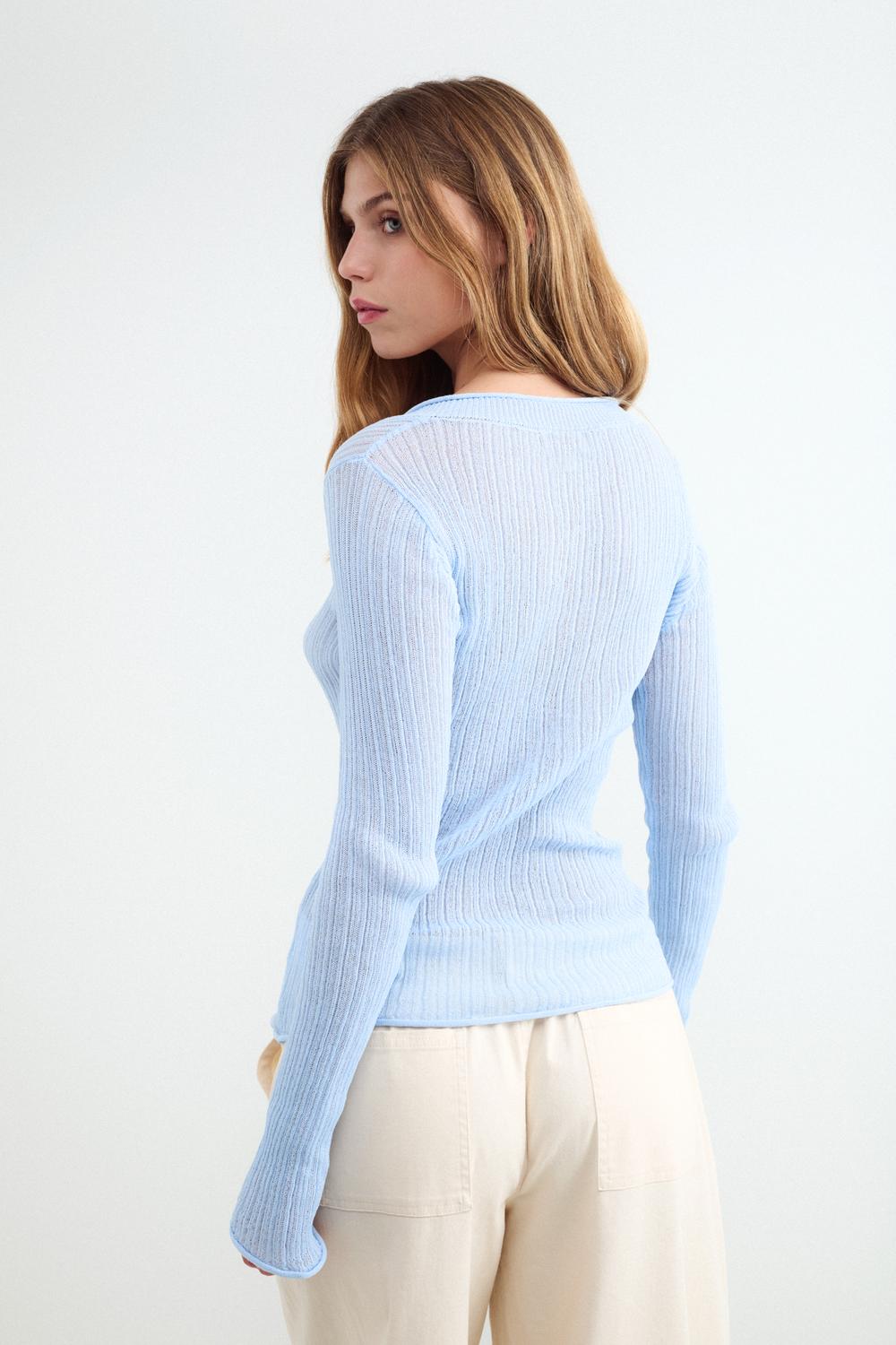 Sweater Slim Open Work V Neck - Light Blue