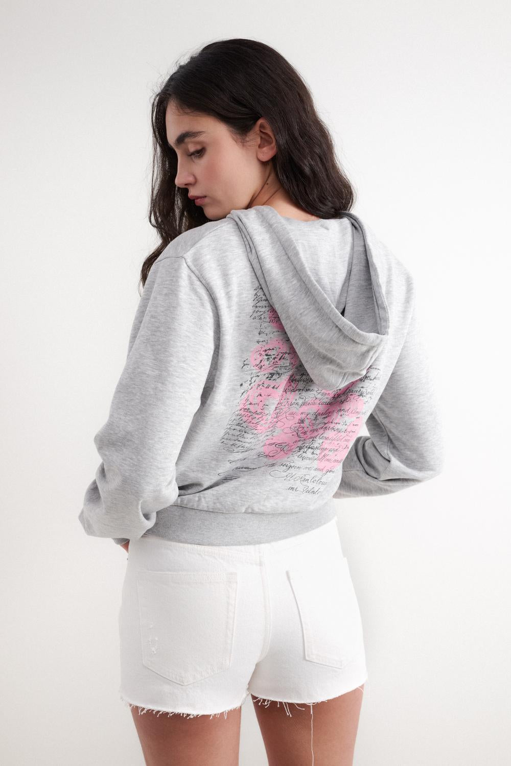Buzo Crop Full Zipper Print - Light Grey Melange