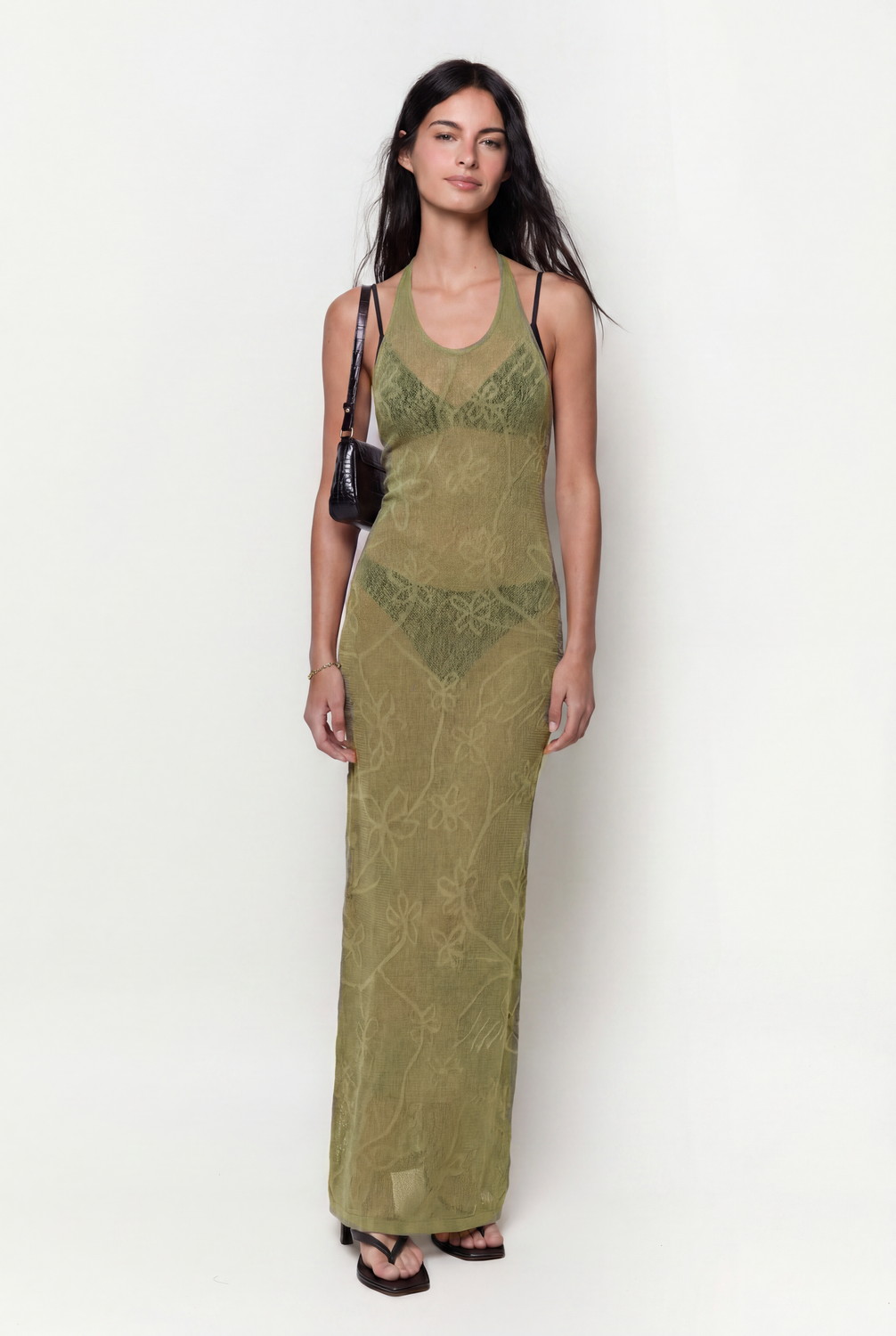Vestido Loose Long Flowers Embro - Classic Green