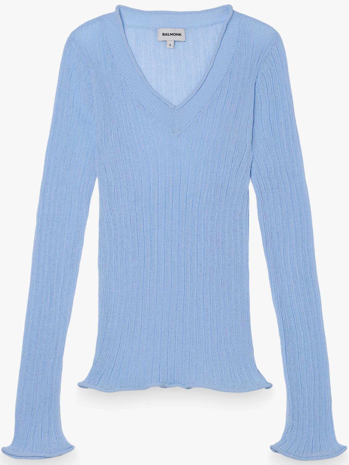 Sweater Slim Open Work V Neck - Light Blue