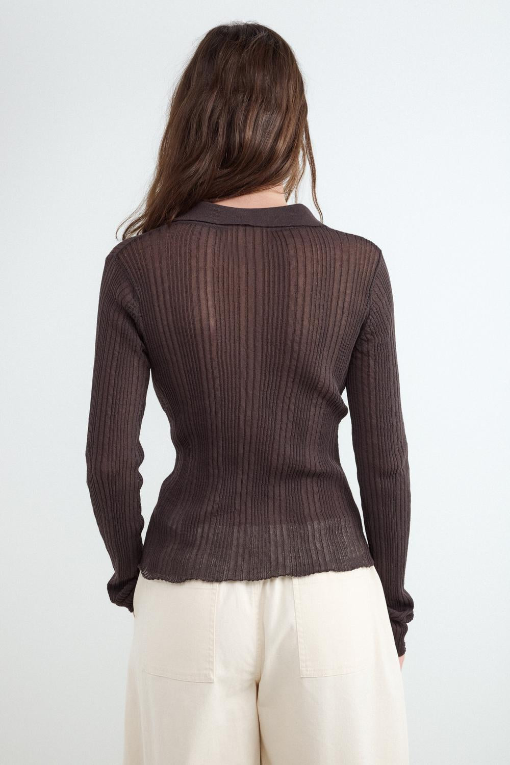 Sweater Regular Polo Open Work - Chocolate Brown
