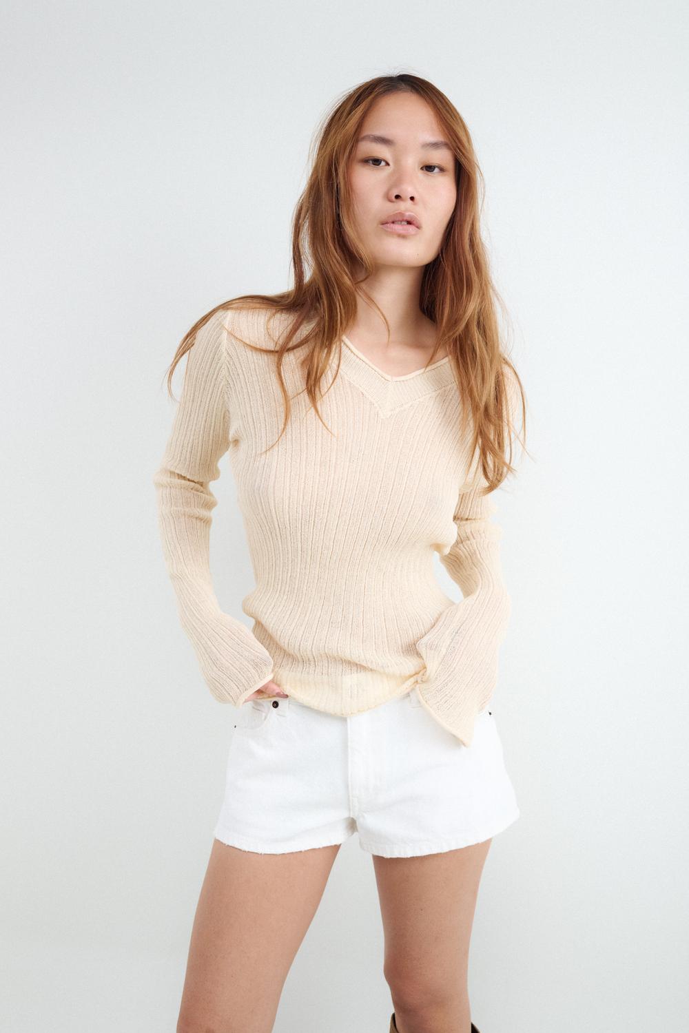 Sweater Slim Open Work V Neck - Blazing Yellow